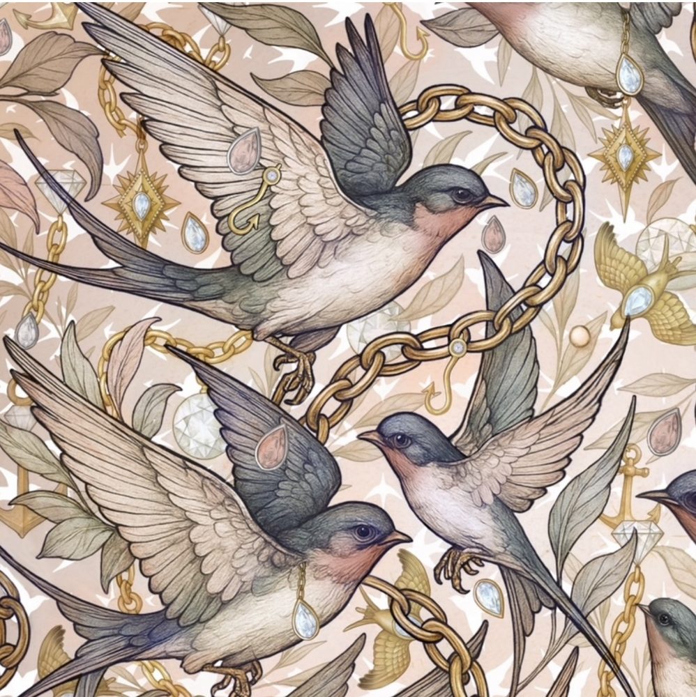 Swallows with gold chains and jewels, an original illustration by James Robinson